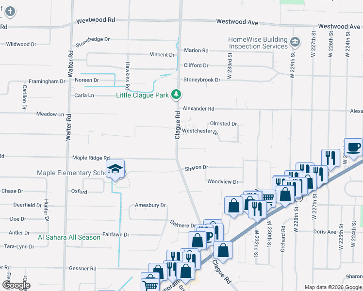 map of restaurants, bars, coffee shops, grocery stores, and more near 3181 Clague Road in North Olmsted