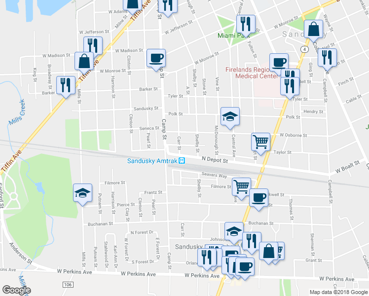 map of restaurants, bars, coffee shops, grocery stores, and more near 1224 Ransom Street in Sandusky