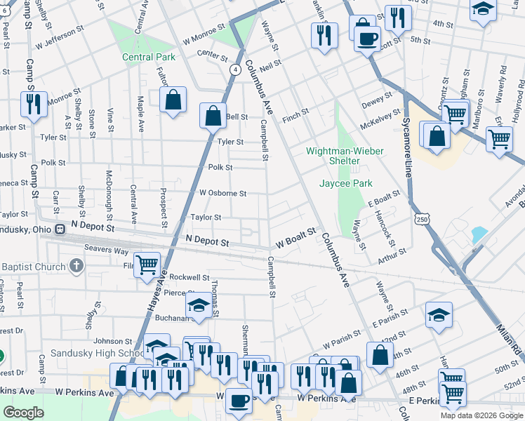 map of restaurants, bars, coffee shops, grocery stores, and more near 402 West Osborne Street in Sandusky