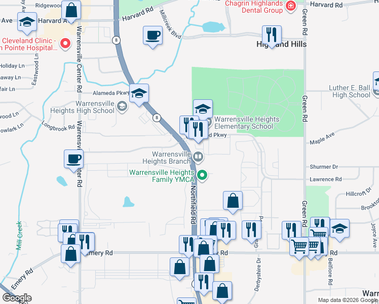 map of restaurants, bars, coffee shops, grocery stores, and more near 4353 Northfield Road in Cleveland