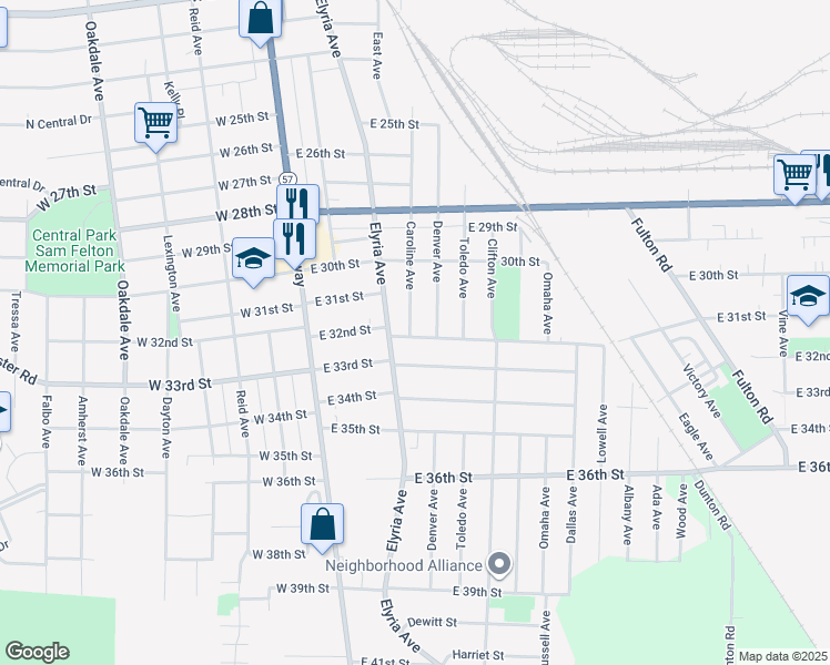 map of restaurants, bars, coffee shops, grocery stores, and more near 3142 Denver Avenue in Lorain