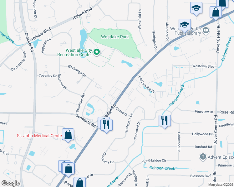 map of restaurants, bars, coffee shops, grocery stores, and more near 28310 Center Ridge Road in Westlake