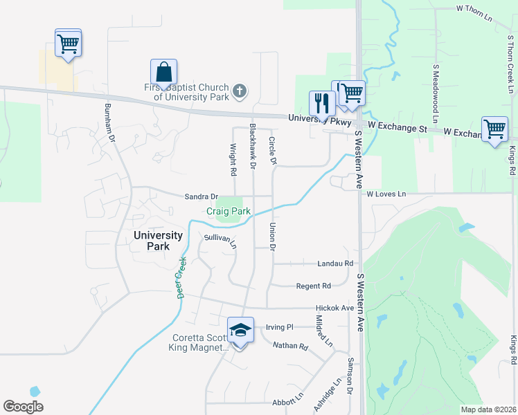 map of restaurants, bars, coffee shops, grocery stores, and more near 805 Blackhawk Drive in University Park