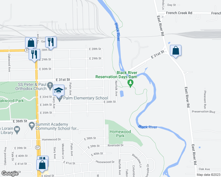 map of restaurants, bars, coffee shops, grocery stores, and more near 3203 Camden Avenue in Lorain
