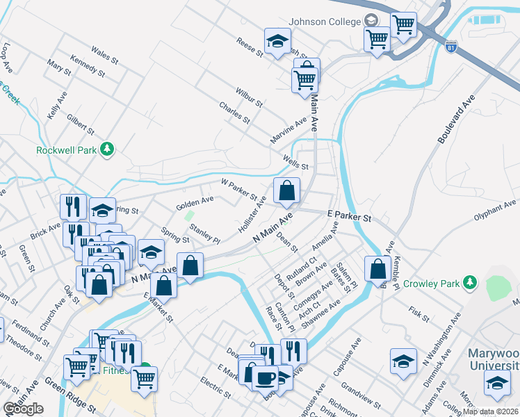 map of restaurants, bars, coffee shops, grocery stores, and more near 151 West Parker Street in Scranton