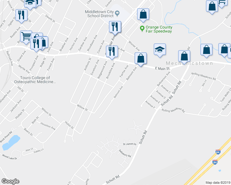 map of restaurants, bars, coffee shops, grocery stores, and more near 86 Belmont Avenue in Middletown