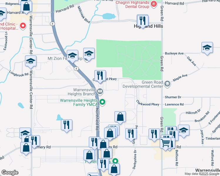 map of restaurants, bars, coffee shops, grocery stores, and more near 4337 Clarkwood Parkway in Warrensville Heights