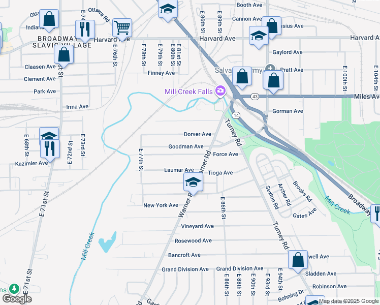 map of restaurants, bars, coffee shops, grocery stores, and more near 8107 Goodman Avenue in Cleveland