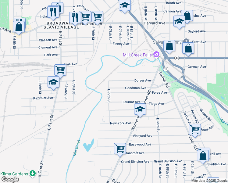 map of restaurants, bars, coffee shops, grocery stores, and more near 7715 Goodman Avenue in Cleveland
