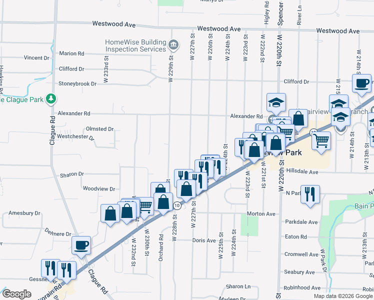 map of restaurants, bars, coffee shops, grocery stores, and more near 4217 West 227th Street in Fairview Park