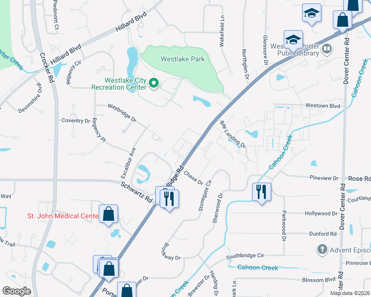 map of restaurants, bars, coffee shops, grocery stores, and more near 28310 Center Ridge Road in Westlake