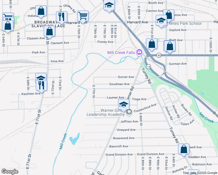 map of restaurants, bars, coffee shops, grocery stores, and more near 7919 Force Avenue in Cleveland