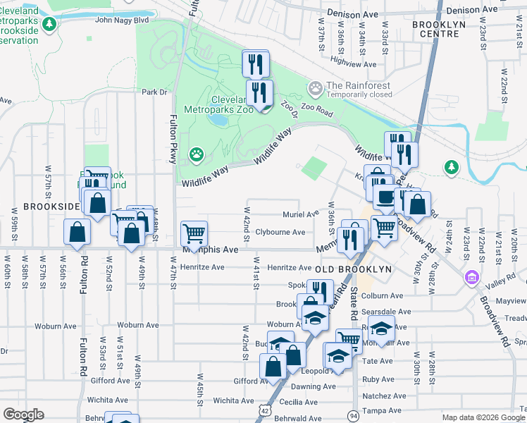 map of restaurants, bars, coffee shops, grocery stores, and more near 4028 Muriel Avenue in Cleveland