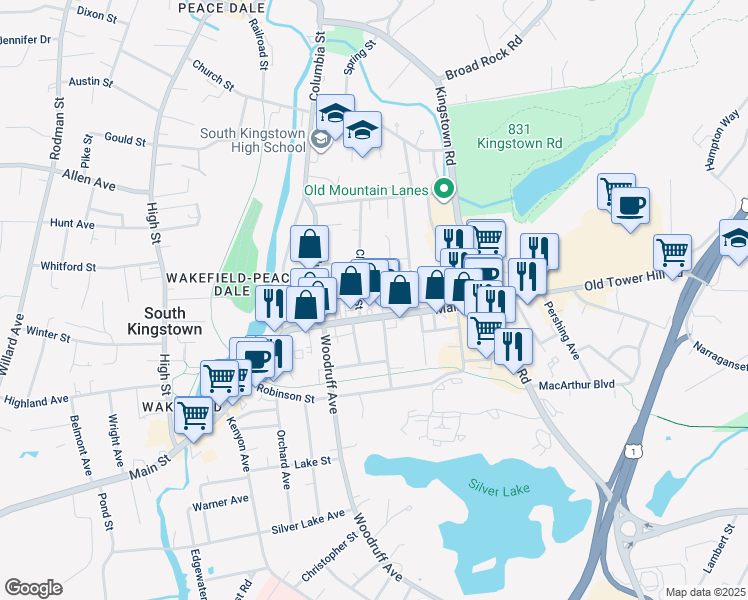 map of restaurants, bars, coffee shops, grocery stores, and more near 123 Main Street in South Kingstown