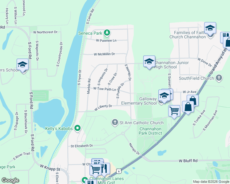 map of restaurants, bars, coffee shops, grocery stores, and more near 24241 South Cree Drive in Channahon
