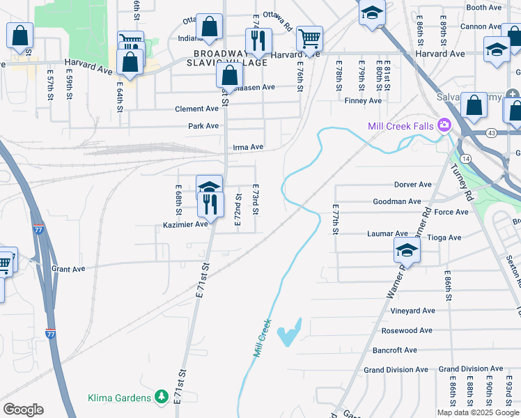 map of restaurants, bars, coffee shops, grocery stores, and more near 4317 East 73rd Street in Cleveland