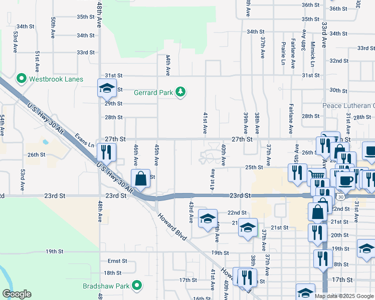 map of restaurants, bars, coffee shops, grocery stores, and more near 2552-2678 43rd Avenue in Columbus