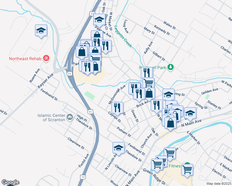 map of restaurants, bars, coffee shops, grocery stores, and more near McDonough Avenue in Scranton