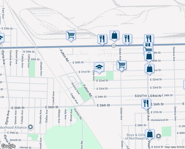 map of restaurants, bars, coffee shops, grocery stores, and more near 3110 Vine Avenue in Lorain