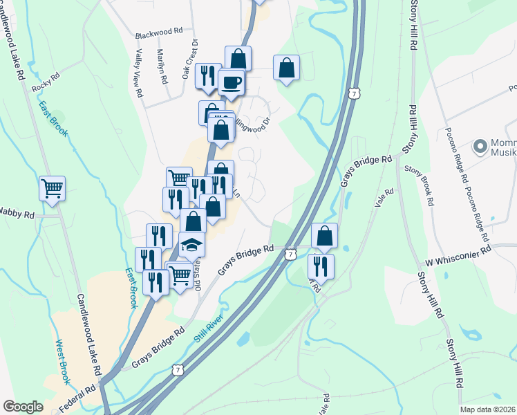 map of restaurants, bars, coffee shops, grocery stores, and more near 20 Old Grays Bridge Road in Brookfield