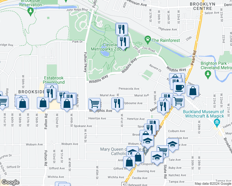 map of restaurants, bars, coffee shops, grocery stores, and more near 4200 West 42nd Street in Cleveland