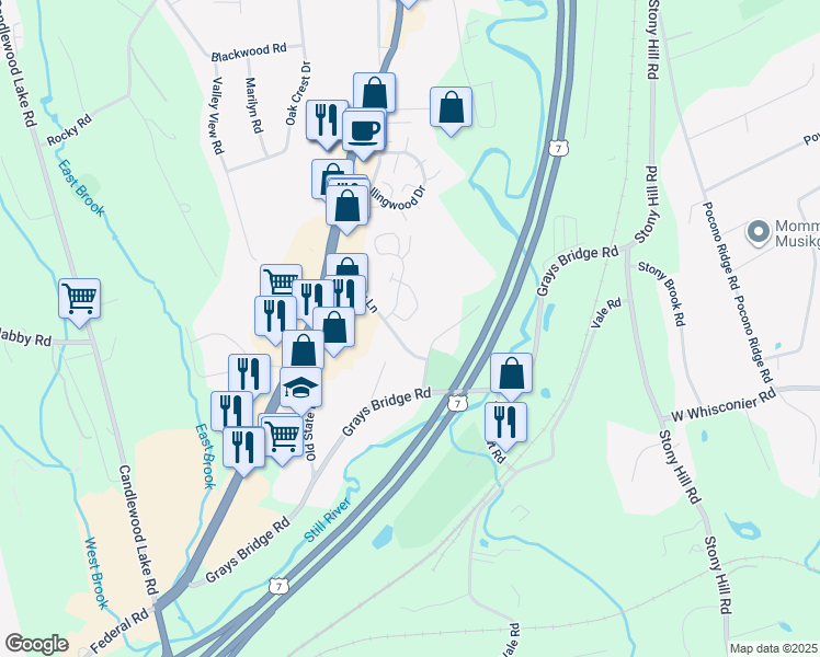 map of restaurants, bars, coffee shops, grocery stores, and more near 20 Old Grays Bridge Road in Brookfield