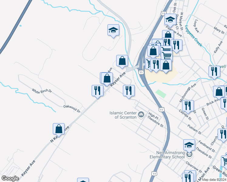 map of restaurants, bars, coffee shops, grocery stores, and more near 922 Ferdinand St in Scranton