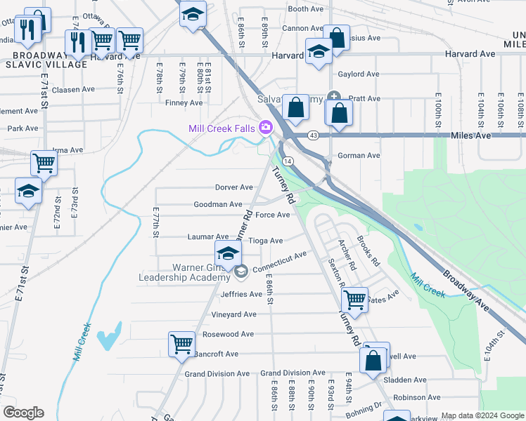 map of restaurants, bars, coffee shops, grocery stores, and more near 4307 Warner Road in Cleveland