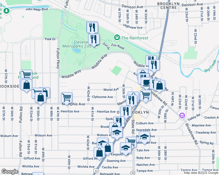 map of restaurants, bars, coffee shops, grocery stores, and more near 3917 Pensacola Avenue in Cleveland
