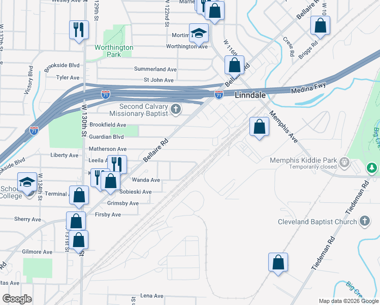 map of restaurants, bars, coffee shops, grocery stores, and more near 11908 Matherson Avenue in Cleveland