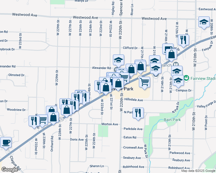 map of restaurants, bars, coffee shops, grocery stores, and more near 4309 West 222nd Street in Fairview Park