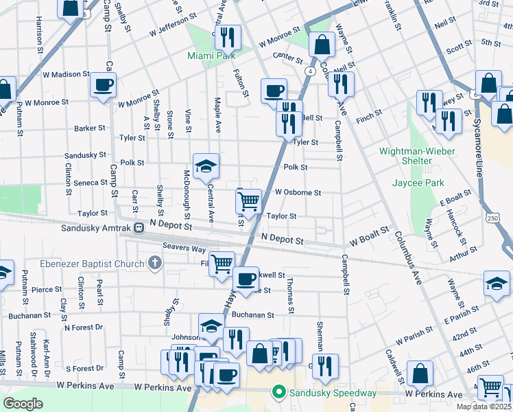 map of restaurants, bars, coffee shops, grocery stores, and more near 712 West Osborne Street in Sandusky