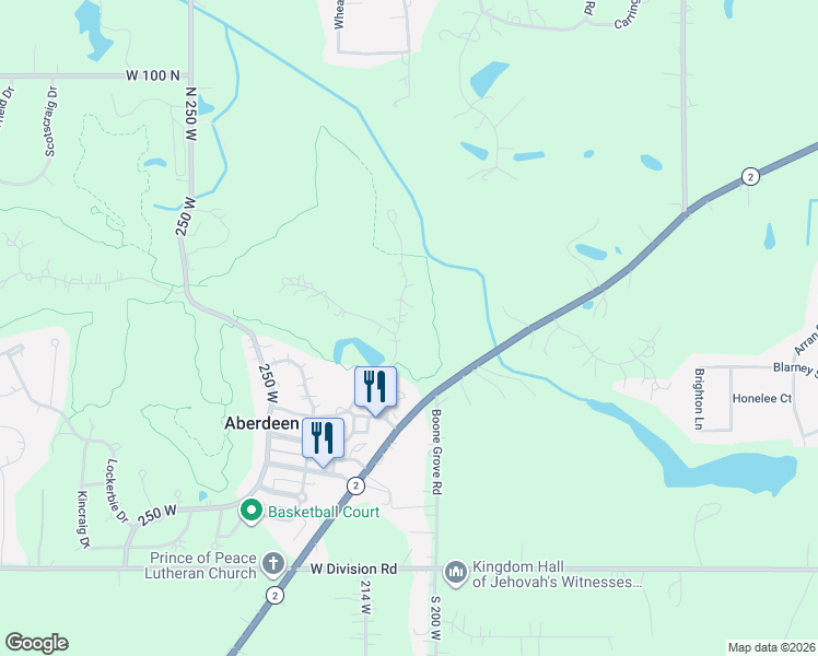 map of restaurants, bars, coffee shops, grocery stores, and more near 1-59 Braemar Drive in Valparaiso