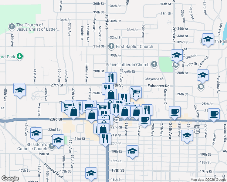 map of restaurants, bars, coffee shops, grocery stores, and more near 2601-2699 33rd Ave in Columbus