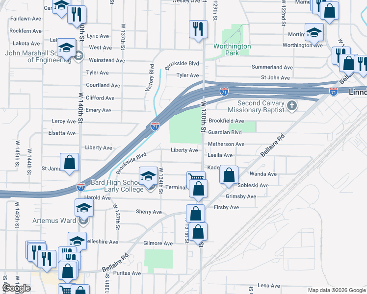 map of restaurants, bars, coffee shops, grocery stores, and more near 13118 Liberty Avenue in Cleveland