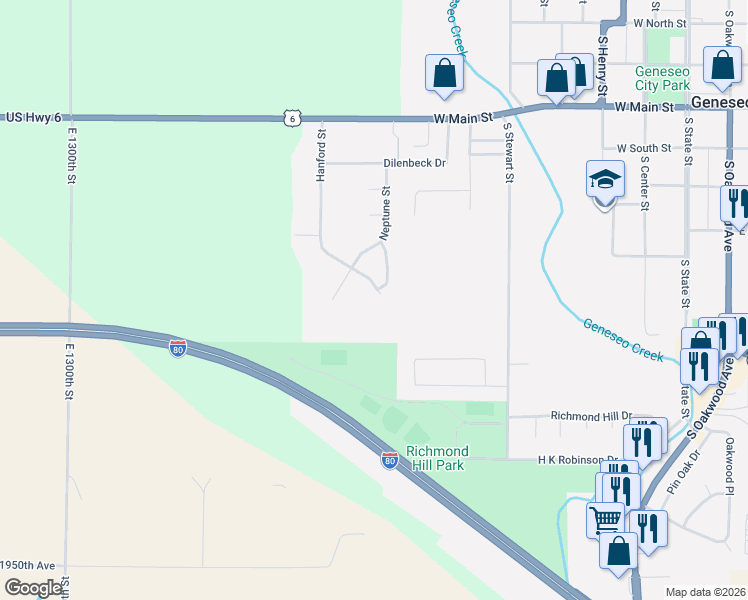 map of restaurants, bars, coffee shops, grocery stores, and more near 947-959 Hanford Street in Geneseo