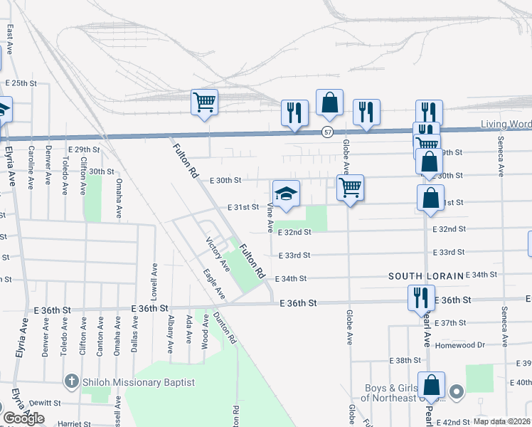 map of restaurants, bars, coffee shops, grocery stores, and more near 3110 Vine Avenue in Lorain