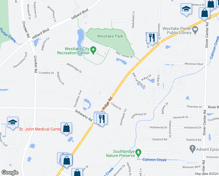 map of restaurants, bars, coffee shops, grocery stores, and more near 28360 Center Ridge Road in Westlake