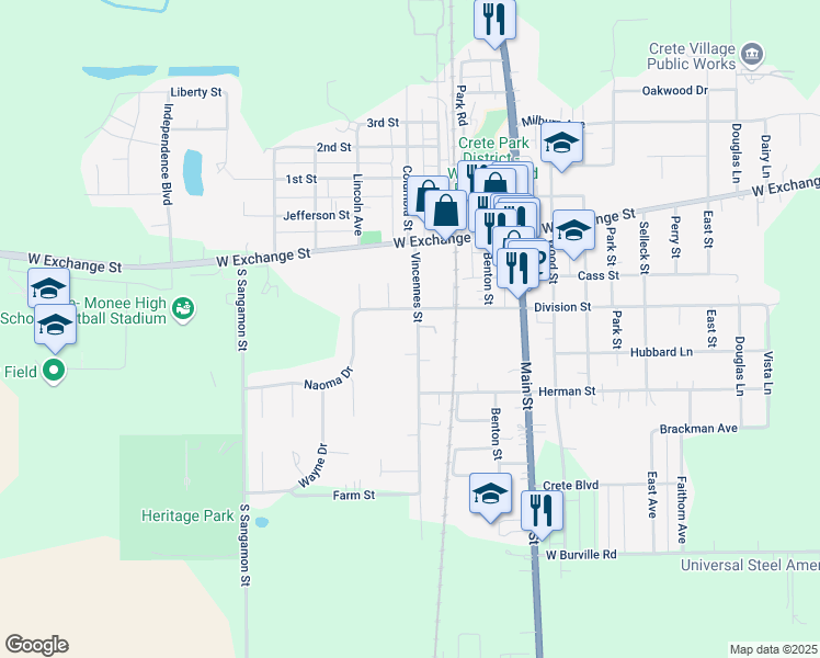 map of restaurants, bars, coffee shops, grocery stores, and more near 594 Division Street in Crete