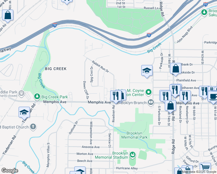 map of restaurants, bars, coffee shops, grocery stores, and more near 4000 Westbrook Drive in Cleveland
