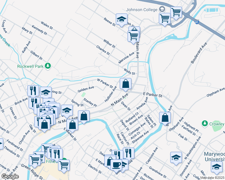 map of restaurants, bars, coffee shops, grocery stores, and more near 151 West Parker Street in Scranton