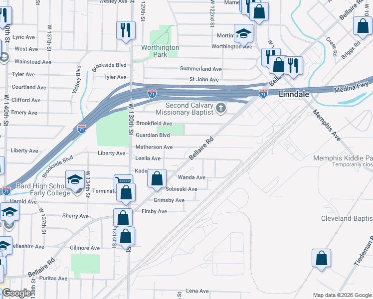 map of restaurants, bars, coffee shops, grocery stores, and more near 12510 Matherson Avenue in Cleveland