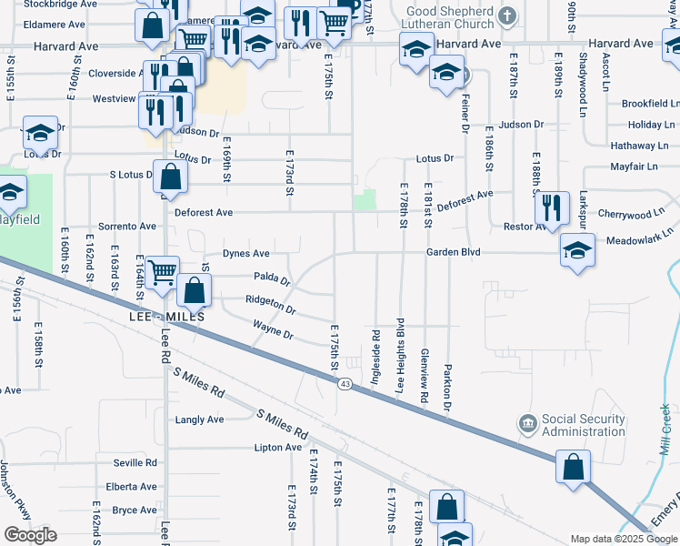 map of restaurants, bars, coffee shops, grocery stores, and more near 4313 East 175th Street in Cleveland