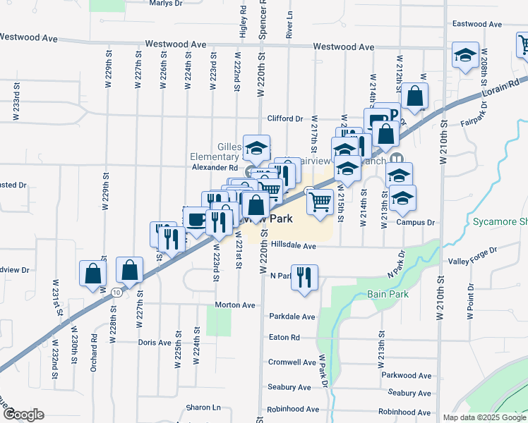 map of restaurants, bars, coffee shops, grocery stores, and more near Lorain Rd & W 220th St in Fairview Park