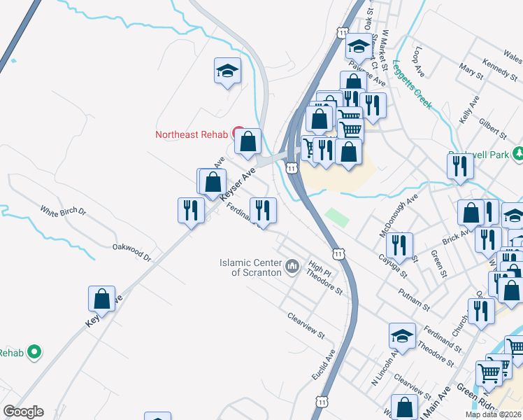 map of restaurants, bars, coffee shops, grocery stores, and more near 1650 Sweeney Avenue in Scranton