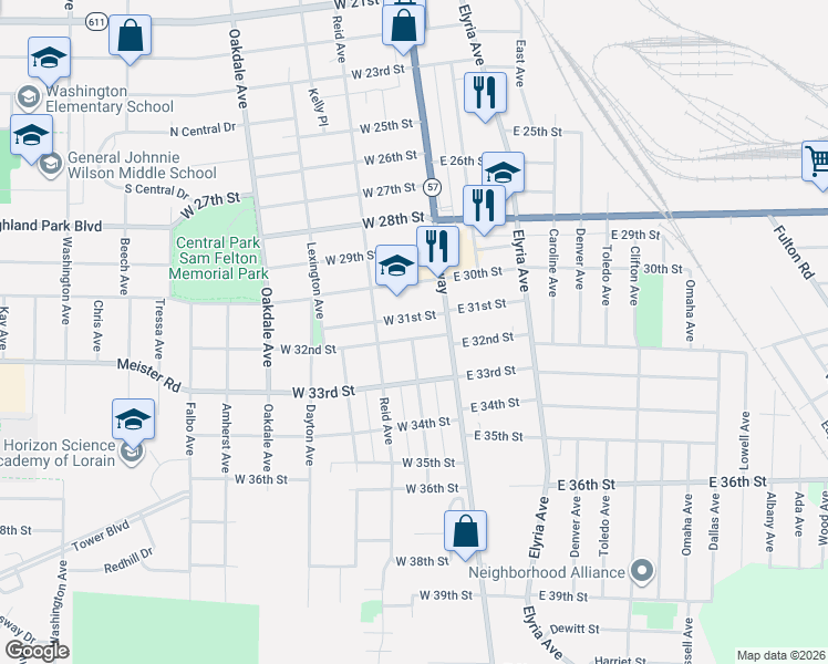 map of restaurants, bars, coffee shops, grocery stores, and more near 119 West 31st Street in Lorain