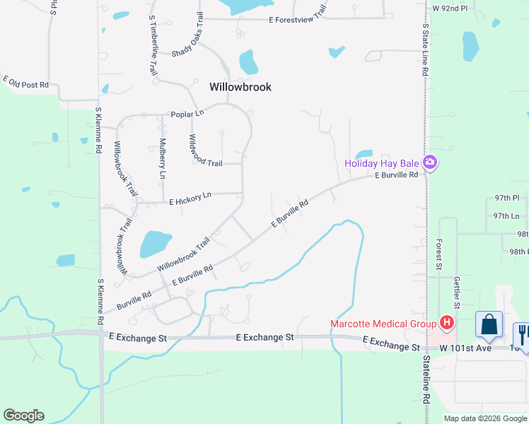 map of restaurants, bars, coffee shops, grocery stores, and more near 24758 South Oak Lane in Crete
