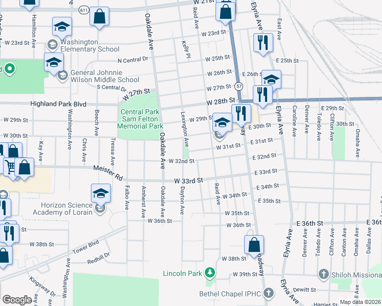 map of restaurants, bars, coffee shops, grocery stores, and more near 3103 Lexington Avenue in Lorain