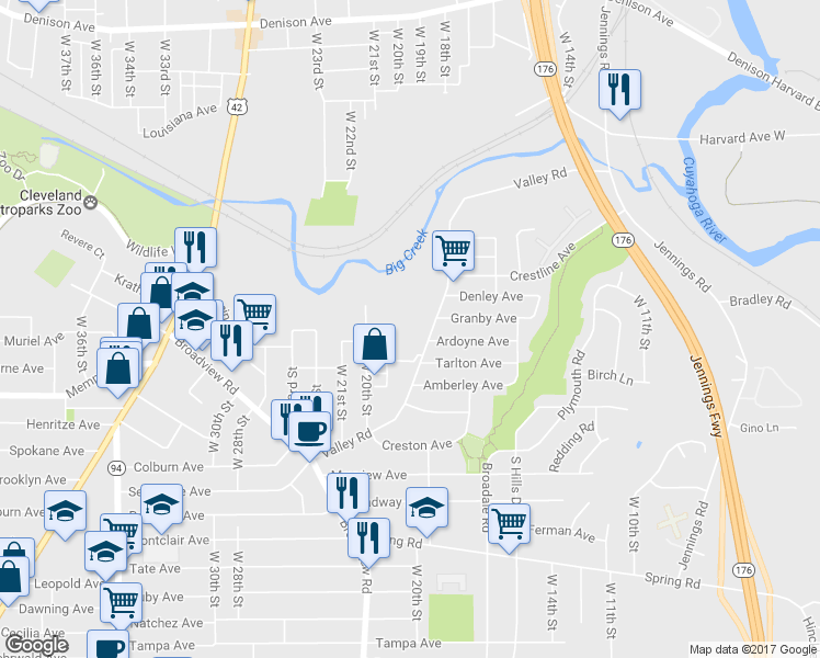 map of restaurants, bars, coffee shops, grocery stores, and more near 4118 Valley Road in Cleveland