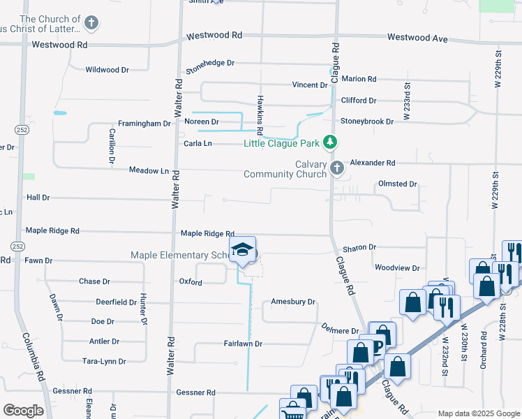 map of restaurants, bars, coffee shops, grocery stores, and more near 24107 Ambour Drive in North Olmsted